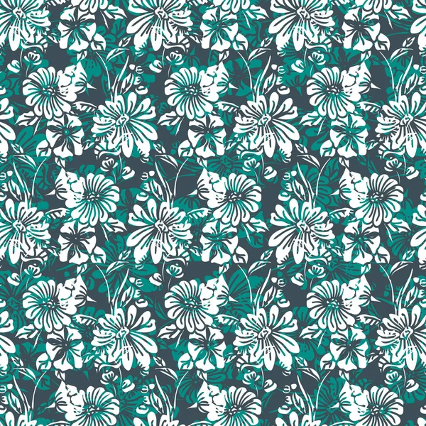 Yeşil, beyaz ve siyah tonlarında soyut yaprakları, çiçekler, petunias ve papatyalar ile Floral Dikişsiz desen.