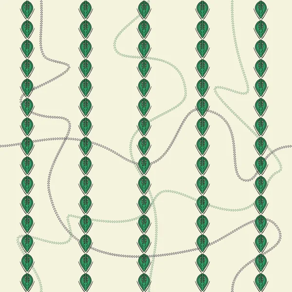 Naadloos patroon met ononderbroken gebogen kettingen en kanten blad strepen. Vector illustratie in groen, crème en grijs. — Stockvector