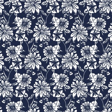 Beyaz ve siyah soyut yaprakları, çiçekler, petunias ve papatyalar ile Floral Dikişsiz desen.