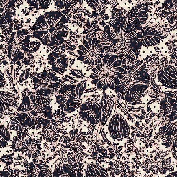 Motif floral sans couture avec des feuilles abstraites, fleurs, pétunias, coquelicots et marguerites dans des tons de rose, taupe, noir et crème . — Image vectorielle