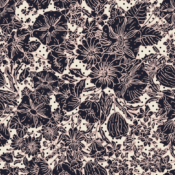 Floral seamless pattern with abstract leaves, flowers, petunias, poppies and daisies in shades of pink, taupe, black and cream.