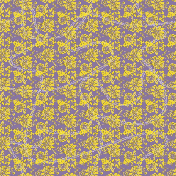 Floral seamless pattern with abstract leaves, flowers, petunias, daisies in yellow, lilac and white. — Stockvector