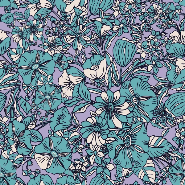 Soyut yaprakları, çiçekler, petunias ve papatyalar ile Floral Dikişsiz desen.