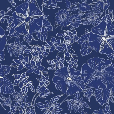 Soyut yaprakları, çiçekler, petunias ve papatyalar ile Floral Dikişsiz desen.