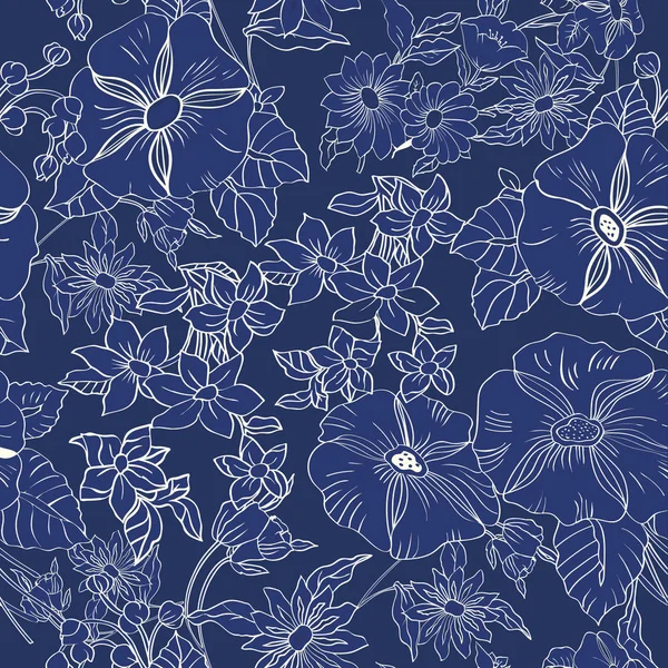 Motif floral sans couture avec feuilles abstraites, fleurs, pétunias et marguerites . — Image vectorielle