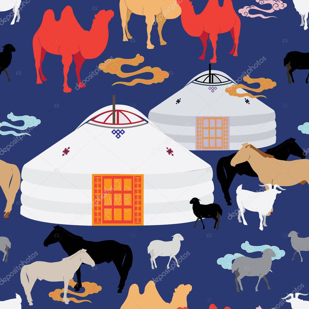 Illustration of cattle grazing in a meadow surrounding mongolian traditional ger.