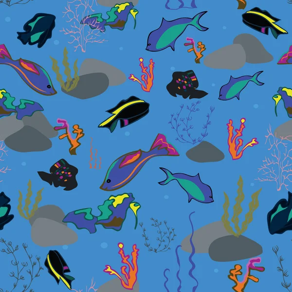 Sömlöst mönster med valar, sjögräs, koraller och fisk. — Stock vektor