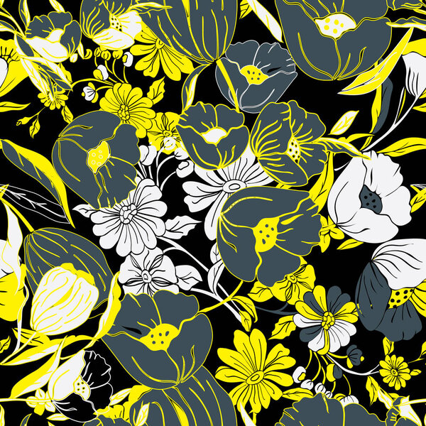 Floral seamless pattern with abstract leaves, flowers, petunias 