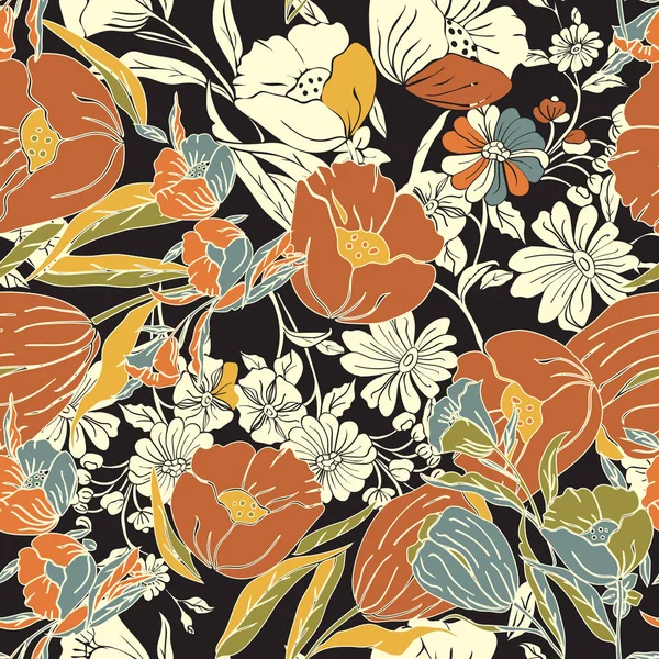 Soyut yaprakları, çiçekler, petunias ve papatyalar ile Floral Dikişsiz desen.