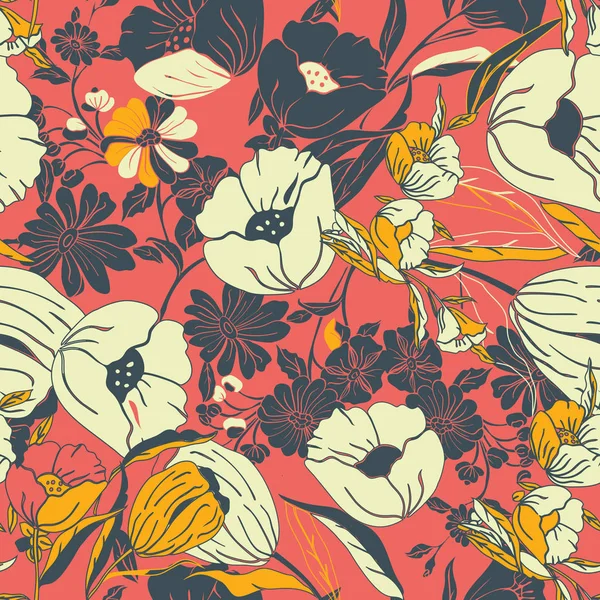 Soyut yaprakları, çiçekler, petunias ve papatyalar ile Floral Dikişsiz desen.