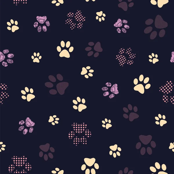 Seamless pattern with patterned paws. Complex illustration print in yellow, lilac, purple, grey and black. — Stock Vector