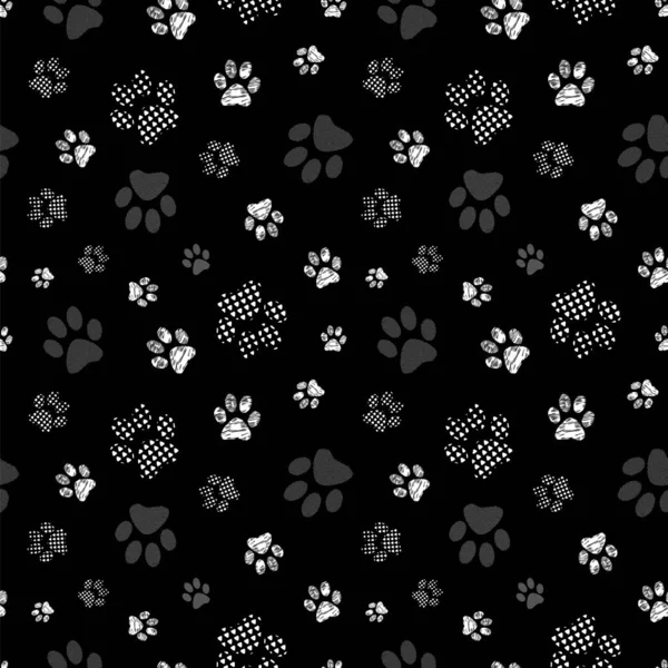 Seamless pattern with patterned paws. Complex illustration print in white, grey and black.