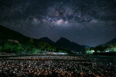 Güzel gece gökyüzünün Samanyolu, Borneo, tahıl ile uzun pozlama fotoğraf, güzel Samanyolu şaşırtıcı. Görüntü içeren bazı tahıl veya gürültü ve yumuşak odak.