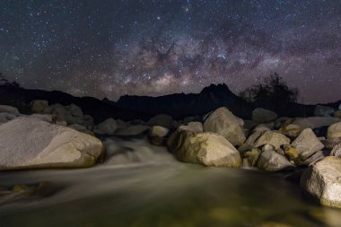 Güzel gece gökyüzünün Samanyolu, Borneo, tahıl ile uzun pozlama fotoğraf, güzel Samanyolu şaşırtıcı. Görüntü içeren bazı tahıl veya gürültü ve yumuşak odak.