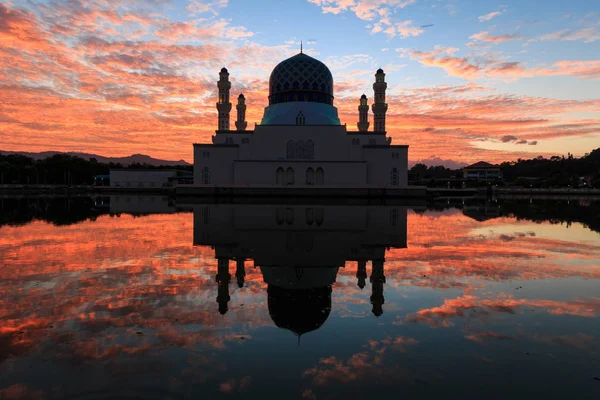 Amazing sunrise blue hour with dramatic cloud and reflection of Floating Mosque Of Kota Kinabalu, Sabah.