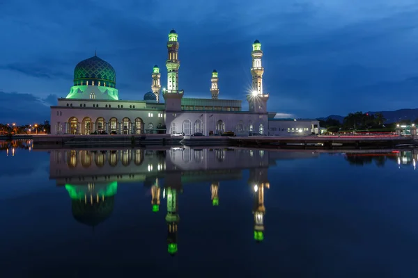 Beautiful sunrise blue hour and reflection of Floating Mosque Of Kota Kinabalu, Sabah.