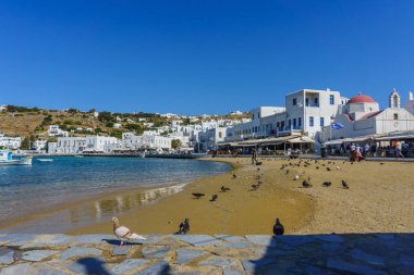 Santorini, Yunanistan - 14 Eylül 2017: Güzel sahil plaj manzara beyaz mimarisi ile geleneksel evler ile mavi kapı Santorini Island, Yunanistan 