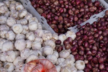 Yakın çekim taze kırmızı soğan ve sarımsak taze Pazar üzerinde