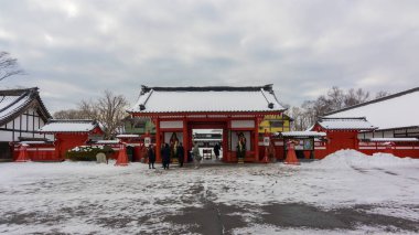 Hokkaido, Japonya-Aralık 22, 2017:Landmark Noboribetsu, Hokkaido Edo dönemi mimari stil Noboribetsu tarihi Jidaimura tarihi köy, Hokkaido, Japonya kış aylarında burada.