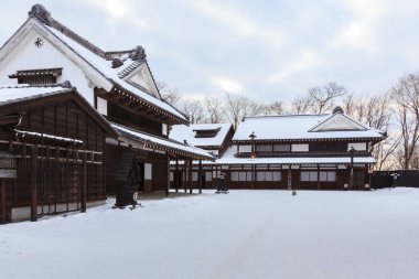 Noboribetsu, Hokkaido Edo dönemi mimari stil Noboribetsu tarihi Jidaimura tarihi köy, Hokkaido, Japonya kış aylarında, dönüm noktası. Tatil resim kavramı