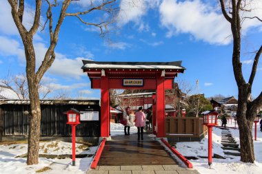 Hokkaido, Japonya-Aralık 22, 2017:Landmark Noboribetsu Tarih Jidaimura tarihi köy Noboribetsu, Hokkaido Edo dönemi mimarisi tarzında, Hokkaido, Japonya kış aylarında burada.