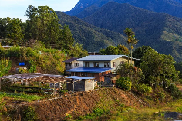 婆罗洲岛Kinabalu Sabah山和婆罗洲沙巴州Kundasang镇的当地村舍景色壮观极了 — 图库照片