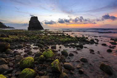 Batu Luang, Kuala Penyu, Sabah, Malezya 'da gün batımında kayaları kaplayan yeşil yosunlar, Batu Luang Sahili' nde güzel gün batımı, Sabah, Borneo, Image yumuşak odak ve bulanıklık içerir..