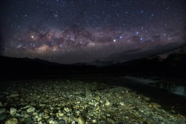 Borneo 'daki Samanyolu Galaksisi, taneli uzun pozlu fotoğraf. Görüntü belli bir tahıl veya gürültü ve yumuşak odak içerir..