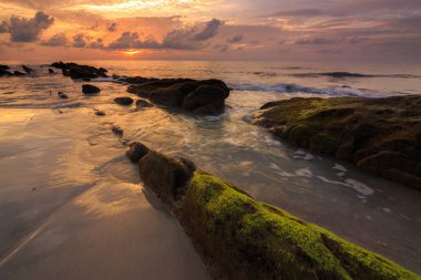 Deniz dalgası ile şaşırtıcı alacakaranlık deniz manzarası Kuala Penyu, Sabah, Borneo 'da yeşil yosunlara çarpıyor. Resim uzun pozlama nedeniyle yumuşak odak ve bulanıklık içerebilir.