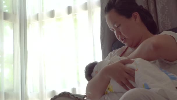 Asian Mother Holding Her Baby Breast Feeding Home Close Chinese — Stock Video