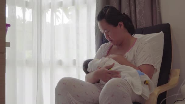 Asian Mother Holding Her Baby Breast Feeding Home Close Chinese — Stock Video