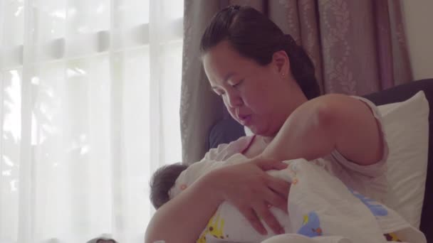 Asian Mother Holding Her Baby Breast Feeding Home Close Chinese — Stock Video