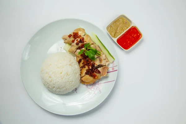 Herkullista Höyrykanaa Riisin Kanssa Hainan Chicken — kuvapankkivalokuva