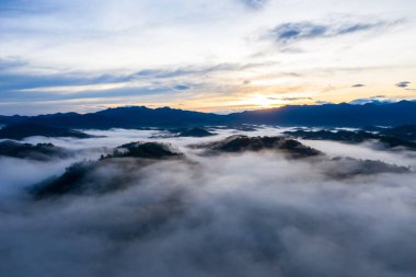 Tropikal yağmur ormanlarının ve bulutların sabah güneşinin doğuşundaki güzel yeşil doğa manzarasının hava görüntüsü.