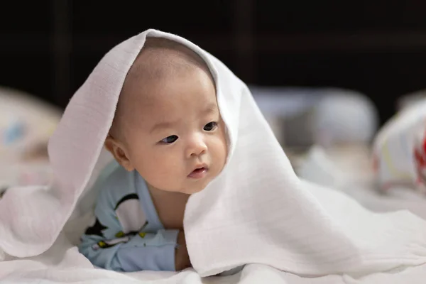 Menino Adorável Durante Barriga Com Urso Brinquedo Recém Nascido Relaxante — Fotografia de Stock