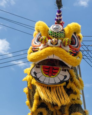 Çin Yeni Yıl Geçidi sırasında sokaklarda dans eden renkli Çin aslanları.