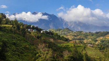 Kinabalu Dağı, güneşli ve açık bir günde mavi gökyüzü olan, yemyeşil Kundasang 'ın görkemli manzarasına hükmediyor.