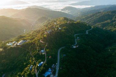 Güneşin doğuşuyla yemyeşil bir araziye uzanan dolambaçlı bir dağ yolunun hava manzarası.