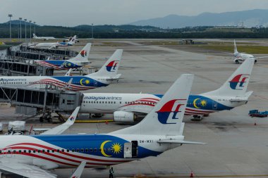 Kuala Lumpur, Malezya - 21 Ağustos 2024: Birçok Malezya Havayolları 737 uçağı bir havaalanı terminaline park etmiş, Kuala Lumpur Uluslararası Havaalanına varış veya kalkış için bekliyor