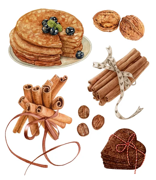 Pancake All Acquerello Con Miele Mirtilli Bastoncini Cannella Chicchi Caffè — Foto Stock