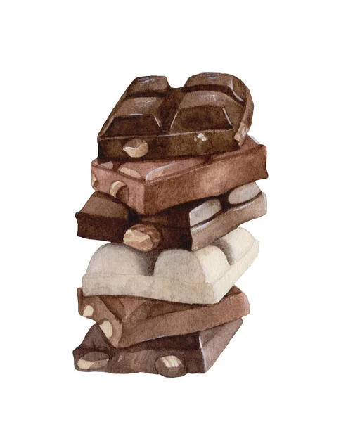 Beyaz arka plan üzerinde izole fındık ile suluboya çikolata parçaları. Koyu, süt, beyaz çikolata.