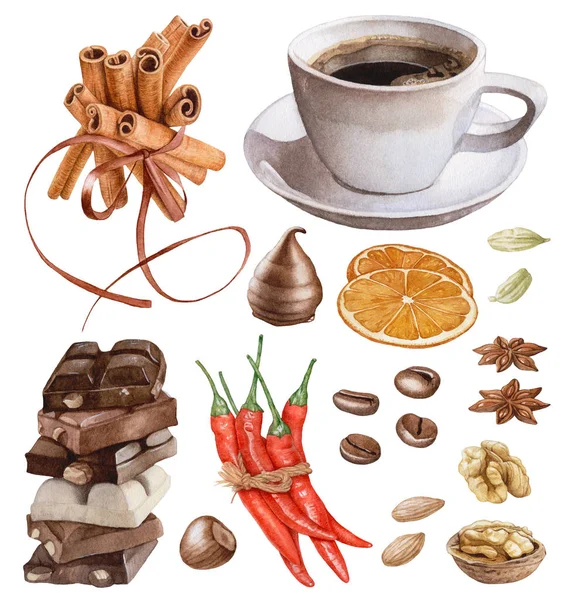 Akvarelu Černé Kávy Skořice Hole Čokoládové Pomerančové Plátky Koření Ořechy — Stock fotografie