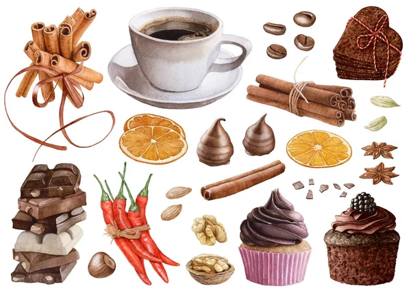 Cannella Acquerello Caffè Muffin Cioccolato Caramelle Spezie Noci Isolate Sfondo — Foto Stock