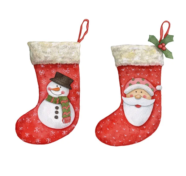 Noel beyaz arka plan üzerinde asılı çorap. Suluboya resim.