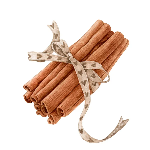 Beyaz arkaplanda izole edilmiş suluboya tarçın çubukları.