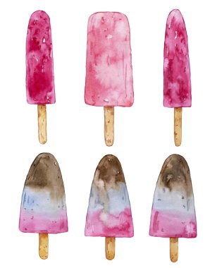 Beyaz arka plan üzerinde izole suluboya meyve ve meyve, çikolata, vanilyalı dondurmayı. Ferahlatıcı, soğuk, renkli yaz tatlı.