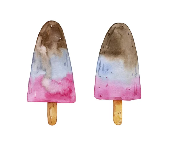 Beyaz arka plan üzerinde izole suluboya renkli çubuklu dondurmayı. Yaz tatlı.