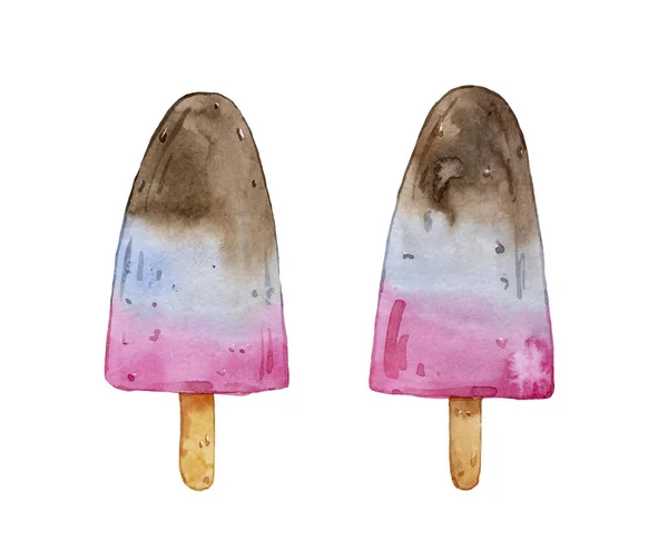 Suluboya sulu, çikolata, meyve ve meyve çubuklu dondurmayı beyaz arka plan üzerinde izole. Ferahlatıcı, yaz, soğuk tatlı.