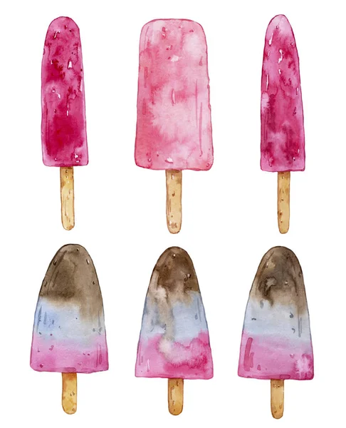 Beyaz arka plan üzerinde izole suluboya meyve ve meyve, çikolata, vanilyalı dondurmayı. Ferahlatıcı, soğuk, renkli yaz tatlı.