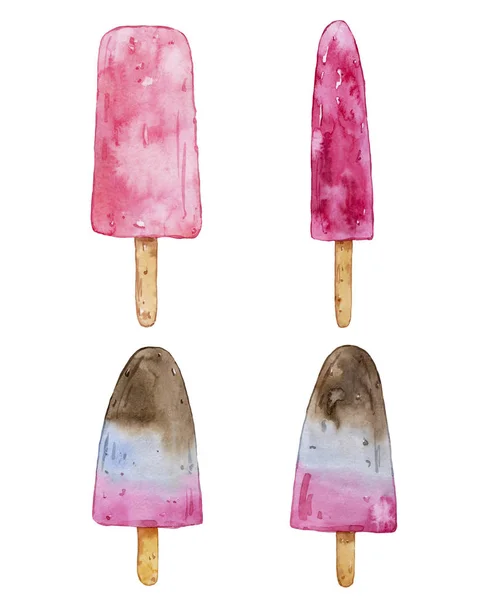 Beyaz arka plan üzerinde izole suluboya çikolata, meyve ve meyve çubuklu dondurmayı. Ferahlatıcı, soğuk, renkli yaz tatlı.